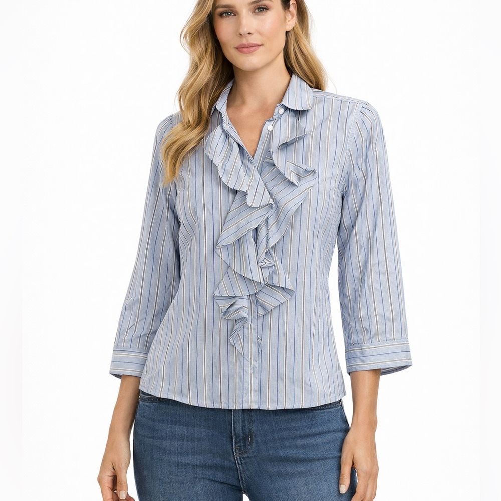 Ralph Lauren Size Small Blue Striped Button Up Ruffle Details Shirt